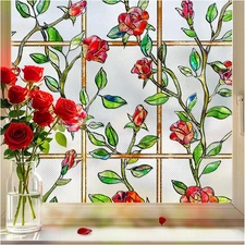 Stained Glass Window Film, Window Privacy Film Frosted Faux 3D Floral Decorative