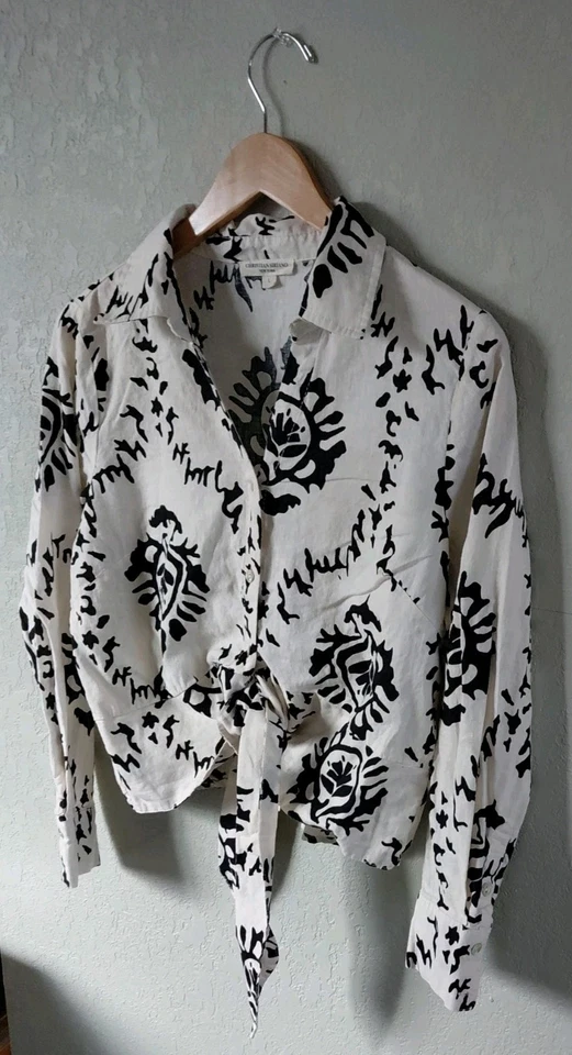 Christian Siriano Mujer Talla Grande Estampado Blanco y Negro Lino Corbata Detalle Frontal Foto 3 de 4