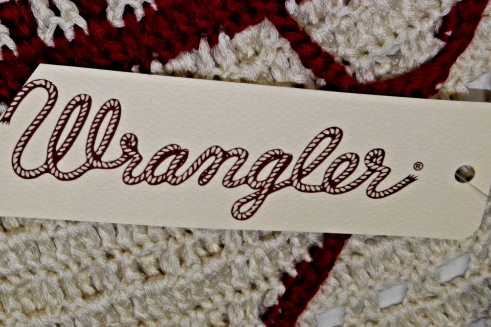 Top Wrangler Vintage Talla S Y2K Marfil Crochet Tejido Borgoña Borgoña Borde Flecos Foto 4 de 4