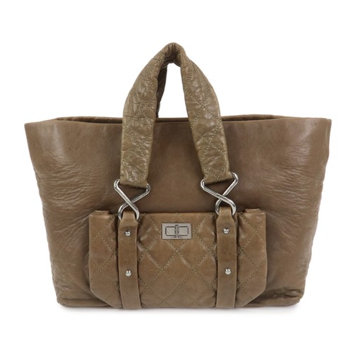 CHANEL Matelasse Lamb Skin Tote Bag Hand Bag Khaki Authentic Used F/S