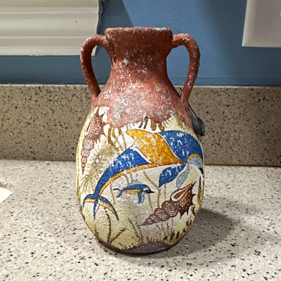 Greek Style Amphora Ceramic Vase Hand Painted Signed Kiklades Dolphin Motif