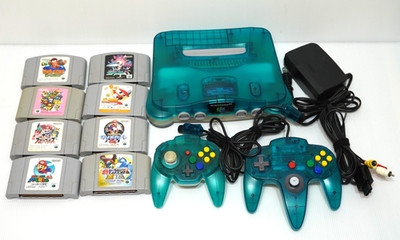 Nintendo 64 Clear Blue Console w 2 Controllers (1 HORI) & 8 Games