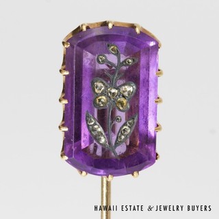Vintage Amethyst & Diamond Floral Spray Stick Pin in Yellow Gold