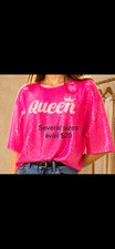 Women s Pink Glitter Queen Graphic Pullover T...