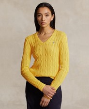 Polo Ralph Lauren Women's Cable-Knit Cotton V-Neck Sweater Yellow Size L 3996
