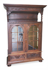 Antique Carved German Renaissance Revival Oak Bookcase Display Cabinet, 1880