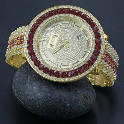 Mens Custom Big Face XXL Multi Cz Red & Yellow Remove able Bezel Wrist Watch New