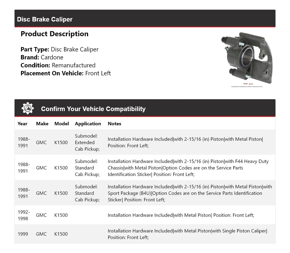 For 1988-1999 GMC K1500 Disc Brake Caliper Front Left Cardone 1989 1990 1991 - Image 2 of 4