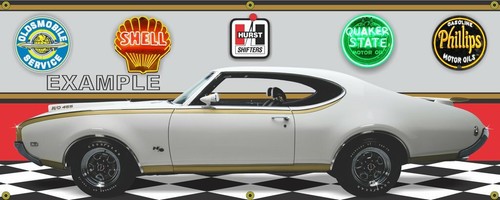 1969 Hurst Olds 442 White (129), Garage Scene 13oz. Vinyl Banner. Two sizes - 第 1/1 張圖片