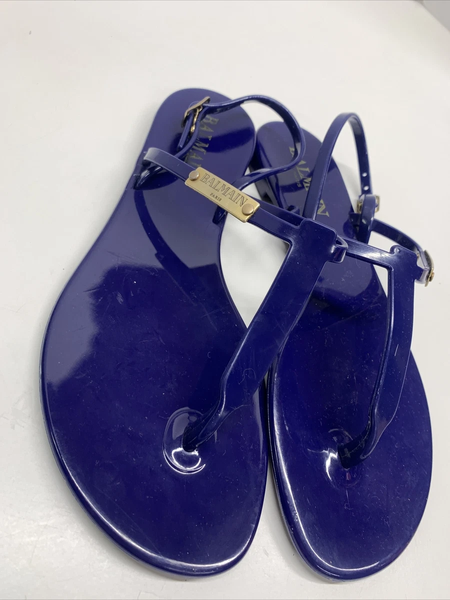 Balmain Paris Sandals Flip Flops PVC Jelly Flat Blue Gold Logo