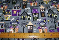1 yard of SPOOKY HOUSES on GREY 100% Cotton Fabric HOMETOWN HALLOWEEN
