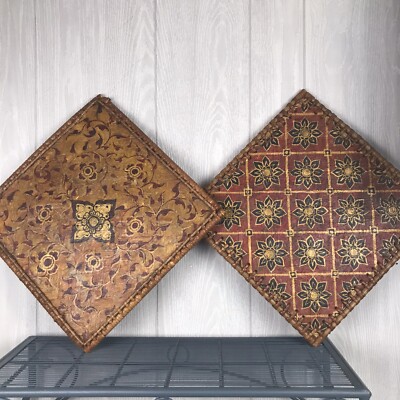 Vintage Square Hand Crafted Hanging Wall Art Red Gold Woven Mid Century Modern