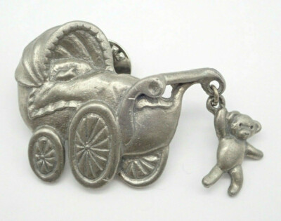 Baby Carriage Pram Teddy Bear Silver Tone Vintage Lapel Pin