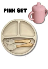 New Baby BEIGE Plate & Spoon Fork Set W/ FREE Pink Sippy Cup Silicone 6M+