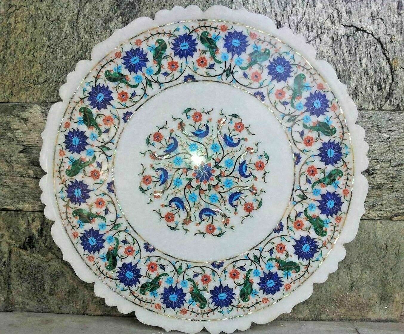 36-Inch Handmade Marble Table Top with Semi-Precious Stone Inlay