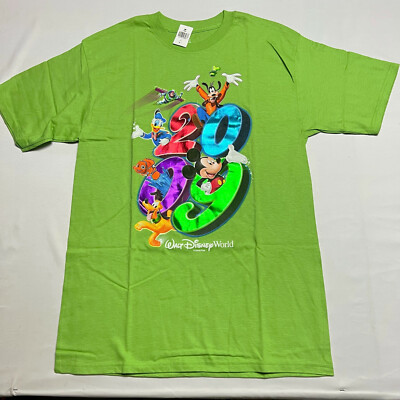 2009 Disney World Goofy Donald Duck Mickey Nemo Crew Neck Tee in Green NWT 