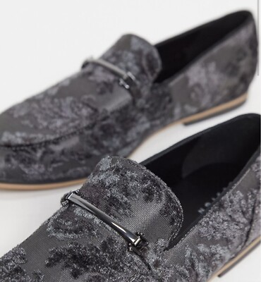 ASOS DESIGN Loafers Grey Velvet Floral Design with Snaffle 