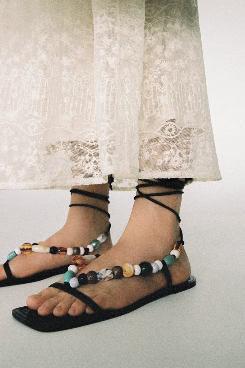 Zara Beaded Wrap Up Sandals Flat Shoes Lace black Strappy Beach 41