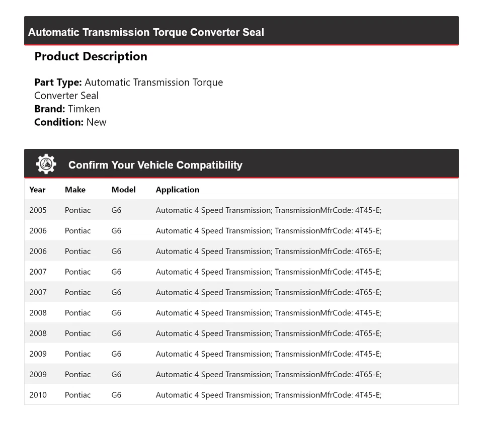Sello convertidor de par de transmisión automática Timken para Pontiac G6 2005-2010 Foto 2 de 4