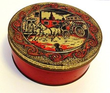 Vintage Fruit Cake Metal Tin Embossed Cover /Horses Buggy Driver Couple in City