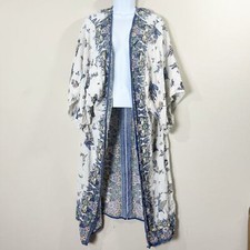 angie  loneline duster bohemian white  blue kimono poncho cardigan womans sz M