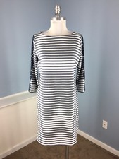 Eliza J m 8 p Blue White Stripe Shift dress Lace 3/4 sleeve Gold Exposed Zipper.
