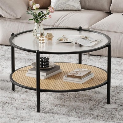 Garvee Runder Couchtisch,Beistelltisch Mit Rattanablage,Für Wohnzimmer, 78 cm