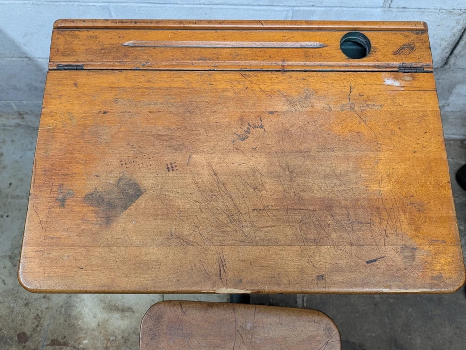 Vintage Children's School Desk Attached Chair Wooden Flip Open Metal - Image 2 of 4