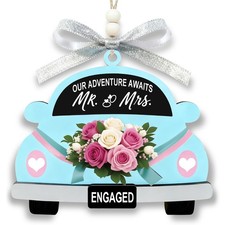 Our Adventure Awaits Wooden Car Ornament - Engaged Keepsake Bride to Be Gift