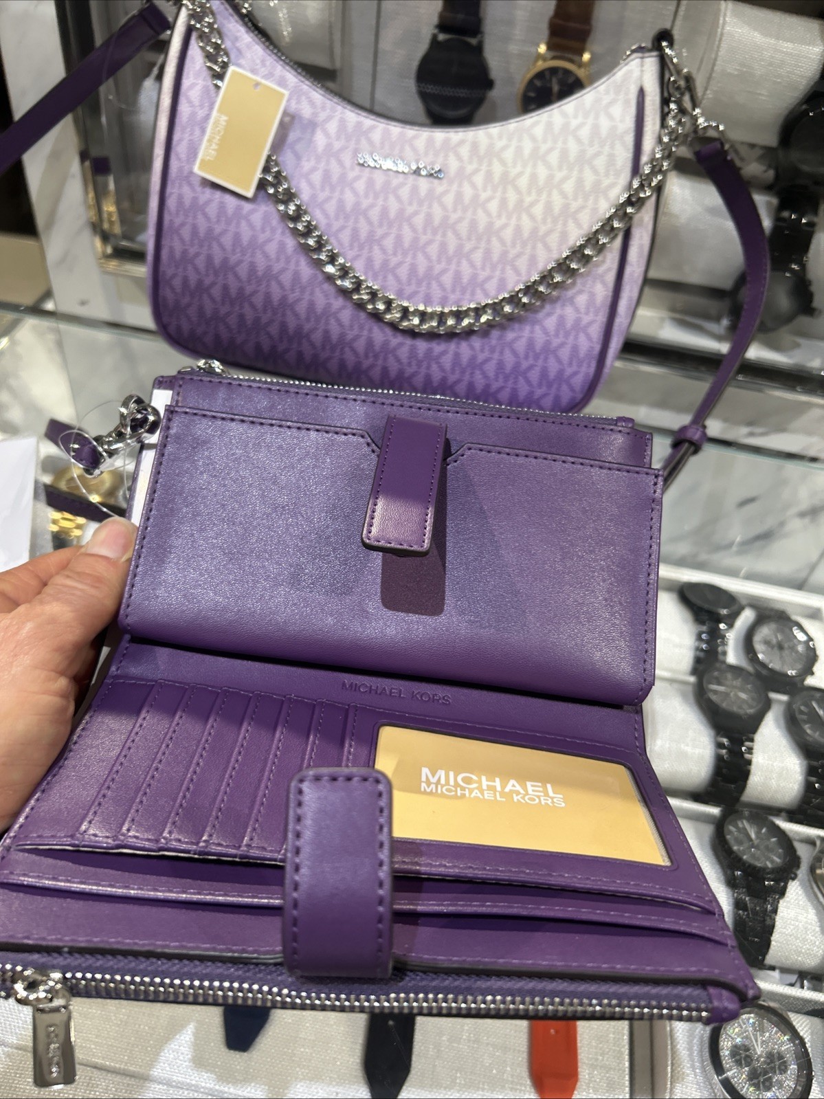 Michael Kors Large Women Pochette Ombré Logo Crossbody Bag Dark Purple + Wallet thumbnail 11