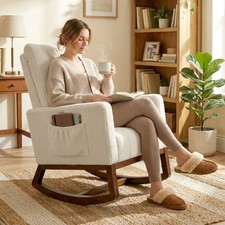 Rocking Chair for Adults, Upholstered Leisure Rocker Lounge Chair, Cream White