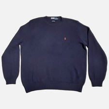 Vintage Polo Ralph Lauren Sweater Blue Cotton Cable Knit Crewneck 2XL 90s Heavy