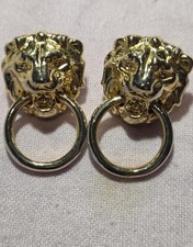 Vintage Lion Head Door Knocker Gold Tone Stud Style Earrings