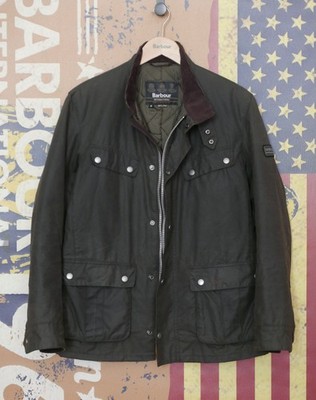 £249 Mens Barbour International Duke sage green wax biker jacket Medium Small