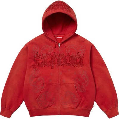 Size L Supreme SS25 Leather Applique Zip Up Hooded Sweatshirt