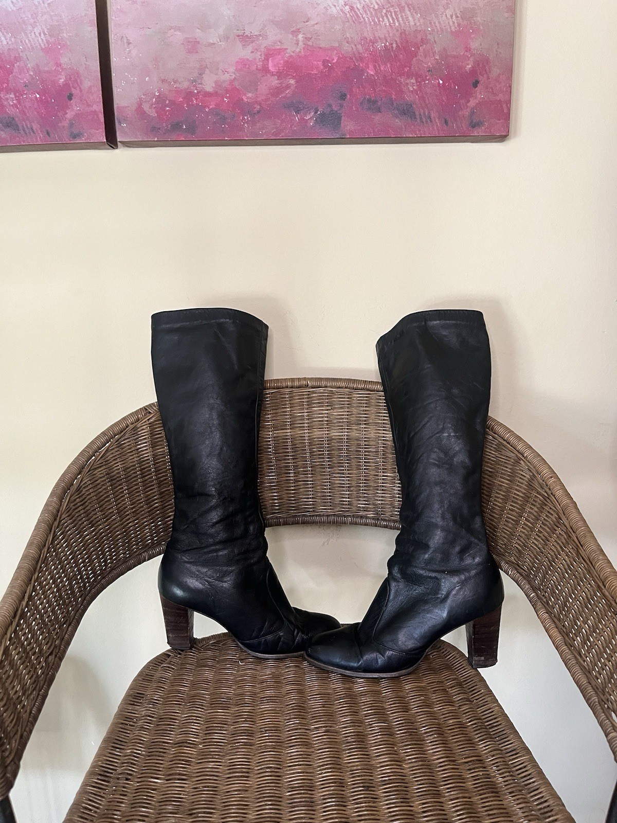 Vintage 1970s Joyce black leather wooden heel go go style boots size 6