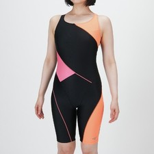 Mizuno Women  s Swim Fitness All-in-One Swimsuit Two-Tone Design Black/Orange
