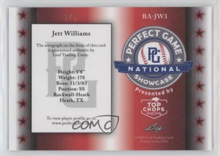 2021 Leaf Perfect Game National Showcase Metal 1/1 Jett Williams Auto 09an - Image 2 of 3