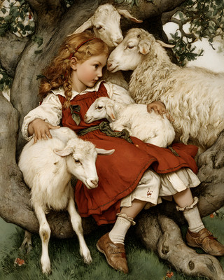 8x10 Cozy Storybook Little Girl Sitting in Tree Two Sheep Art Print - 293939281