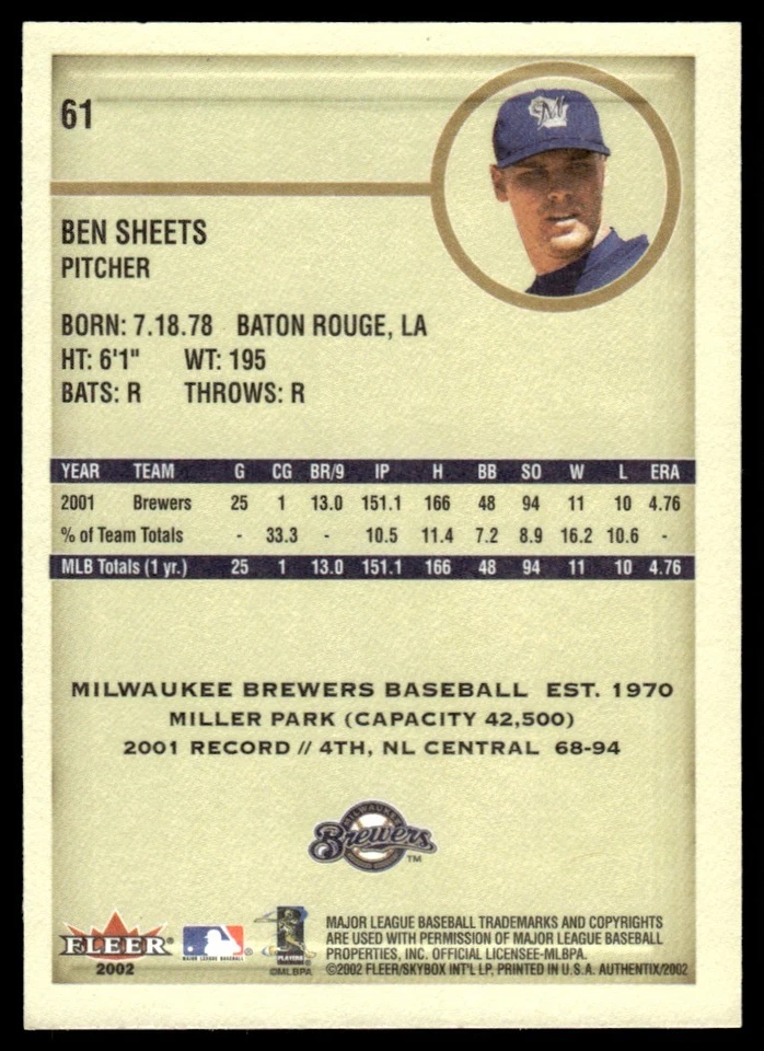 2002 Fleer Authentix Ben Sheets Milwaukee Brewers #61 - Image 2 of 2