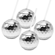 4x Disco Glitter Ball Cups Non-Tipping Cocktail Glasses with Lids and Straws