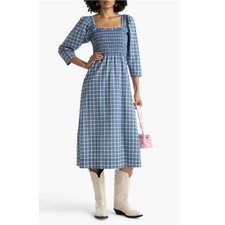 Ganni dress Shirred checked cotton-blend seersucker midi blue EU 34 US 2 NWT