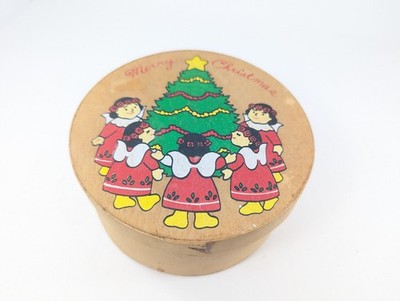 Balsa Wood Round Christmas Box Angels Around Christmas Tree Flower Wreath 5.5 In