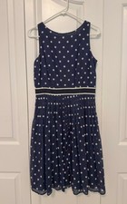 Talbot  size 8 petite dress, navy with white dots, ribbon waistband, pleats