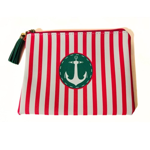 Pink & White Nautical Stripe Makeup Bag with Anchor Emblem