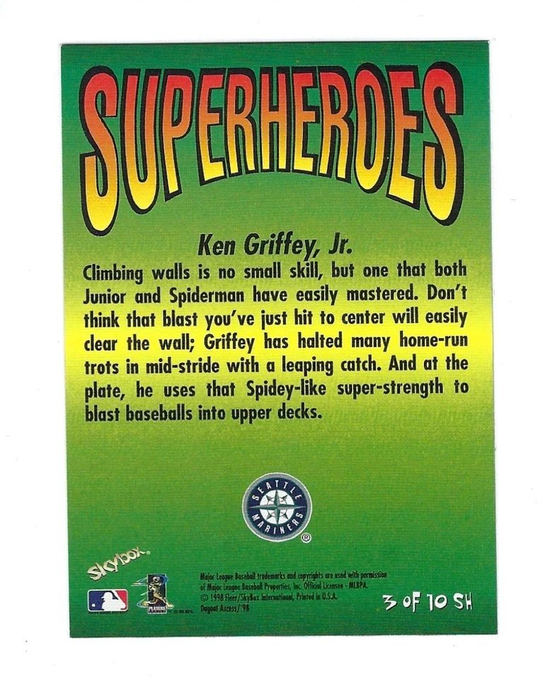 1998 Skybox Dugout Axcess Superheroes Ken Griffey Jr. & Spiderman #3SH - Image 2 of 2