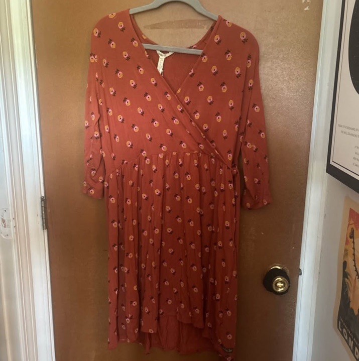 Matilda Jane Girls Floral Wrap Hi-Low Dress Rust Pink Yellow V-Neck 3/4 Sleeve S
