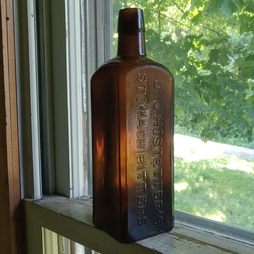 W.McC.&CO DARK AMBER DR.J.HOSTETTER'S STOMACH BITTERS APPLIED LIP 1870s BOTTLE