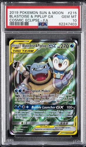 2019 POKEMON SUN & MOON COSMIC ECLIPSE FULL ART/BLASTOISE & PIPLUP GX PSA 10