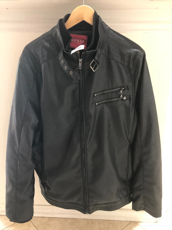 WOW! GUESS Jacket Mens XL Black Leather Faux Moto Racer Biker Metric Warm Grunge - Image 4 of 4